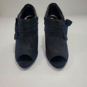 Black faux suede Peep toe bootie‎ with 3in heel vegan